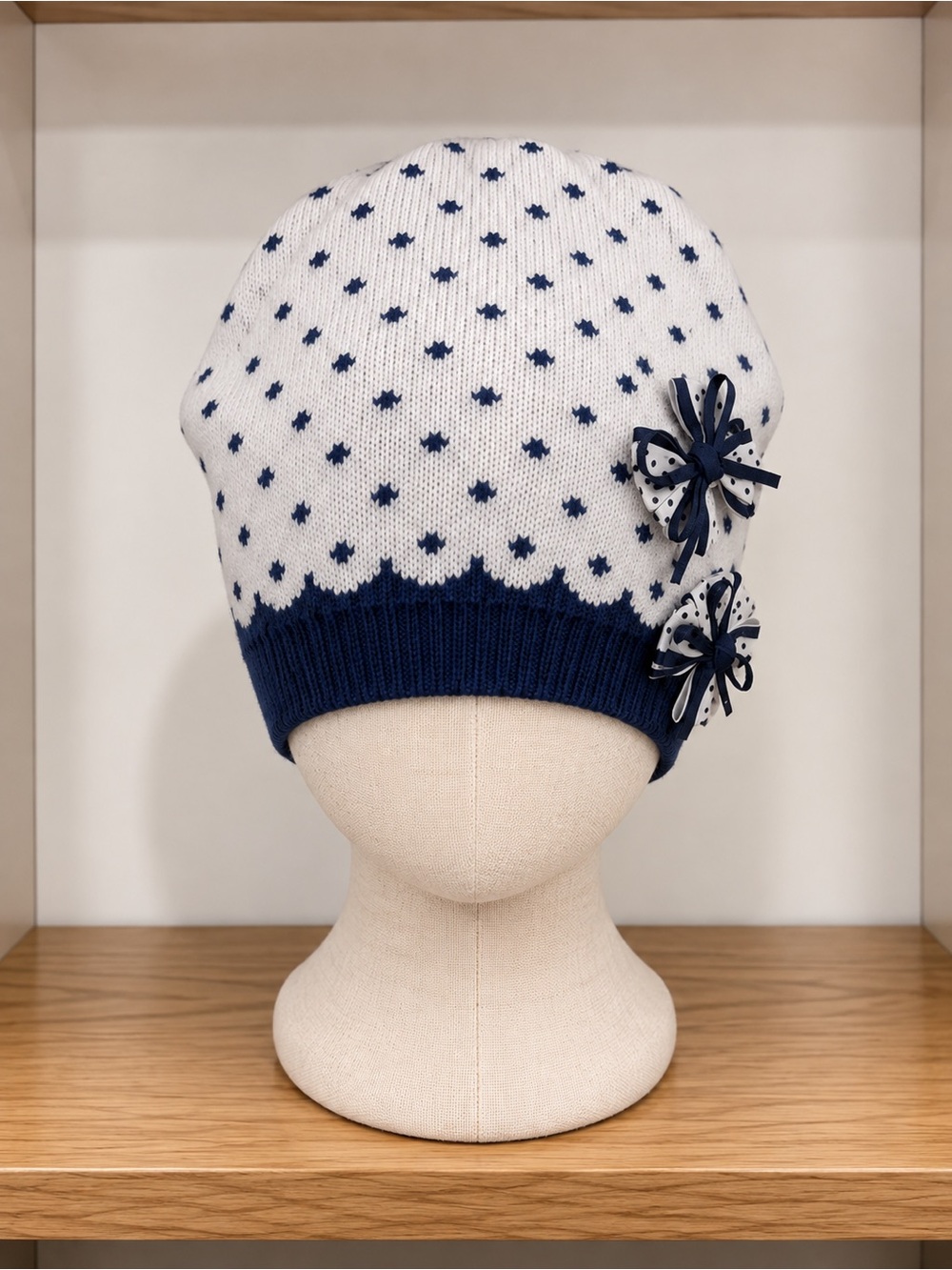 Kids White and Navy Knit Beanie with Decorative Flowers